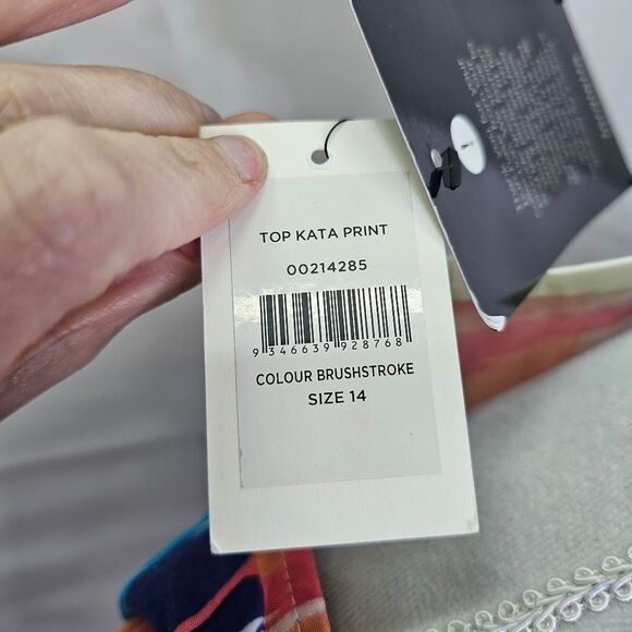 Loralette Blue Brushstroke Kata Print Tie Front Top Size 14 - Picture 8 of 14